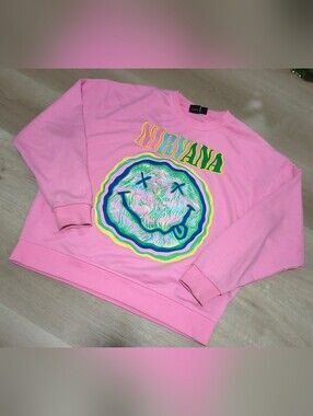 NIRVANA Pink Crewneck Sweatshirt with Multicolor Smiley Graphic